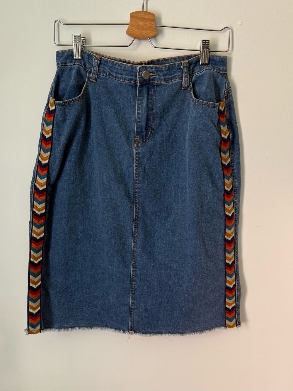 Polagram Blue Denim Pencil Skirt with Multicolor Embroidered Trim
